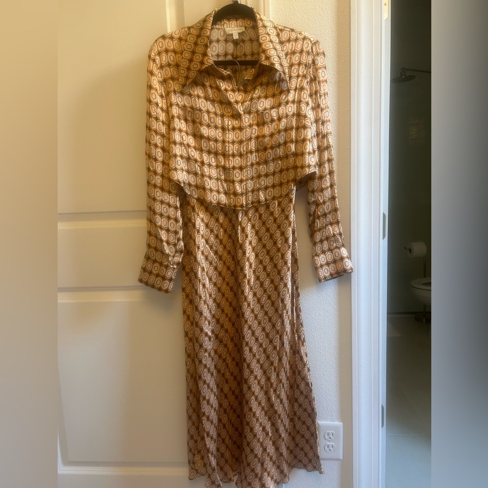 Ronny Kobo Collection Brown Geometric Long Sleeve Shirt Dress